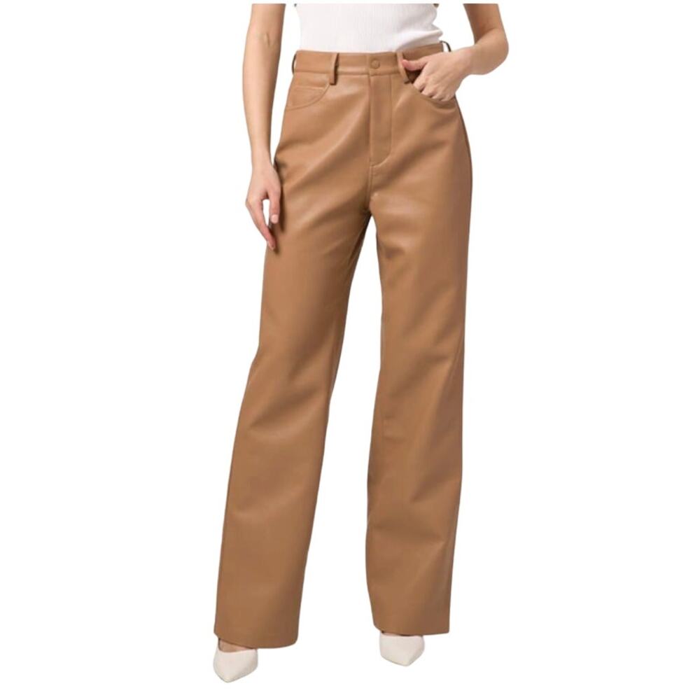 WAYF Faux Leather Straight Leg Pants Womens L Brown High Waist Boho Indie